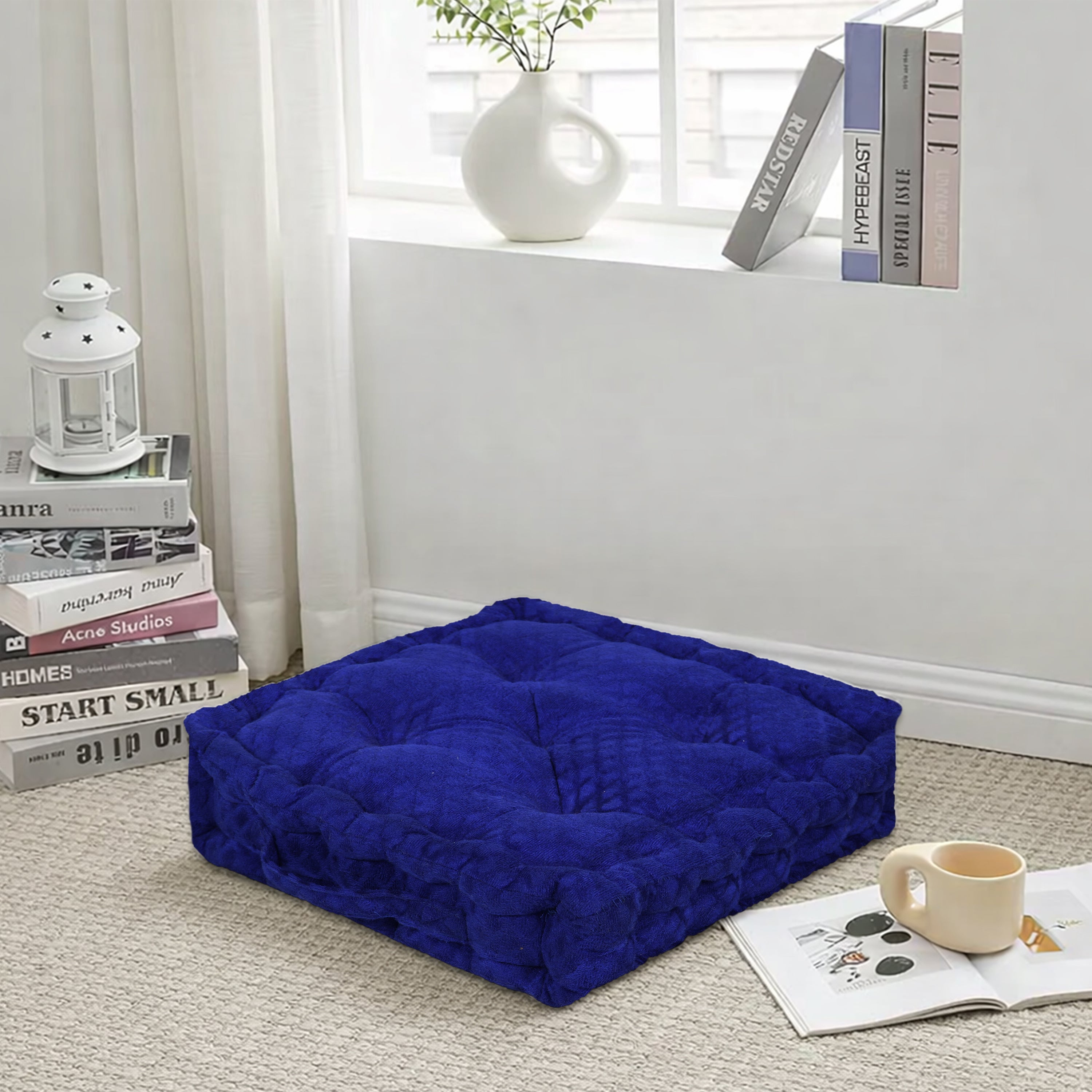Embossed Velvet Floor Cushion – Blue, 40x40 cm | Soft Polyester Fiber Filled Luxury Seating Pad