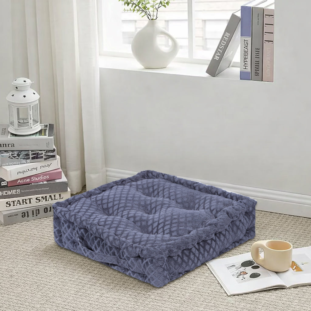 Embossed Velvet Floor Cushion – Grey, 40x40 cm | Soft Polyester Fiber Filled Luxury Floor Seating Pad
