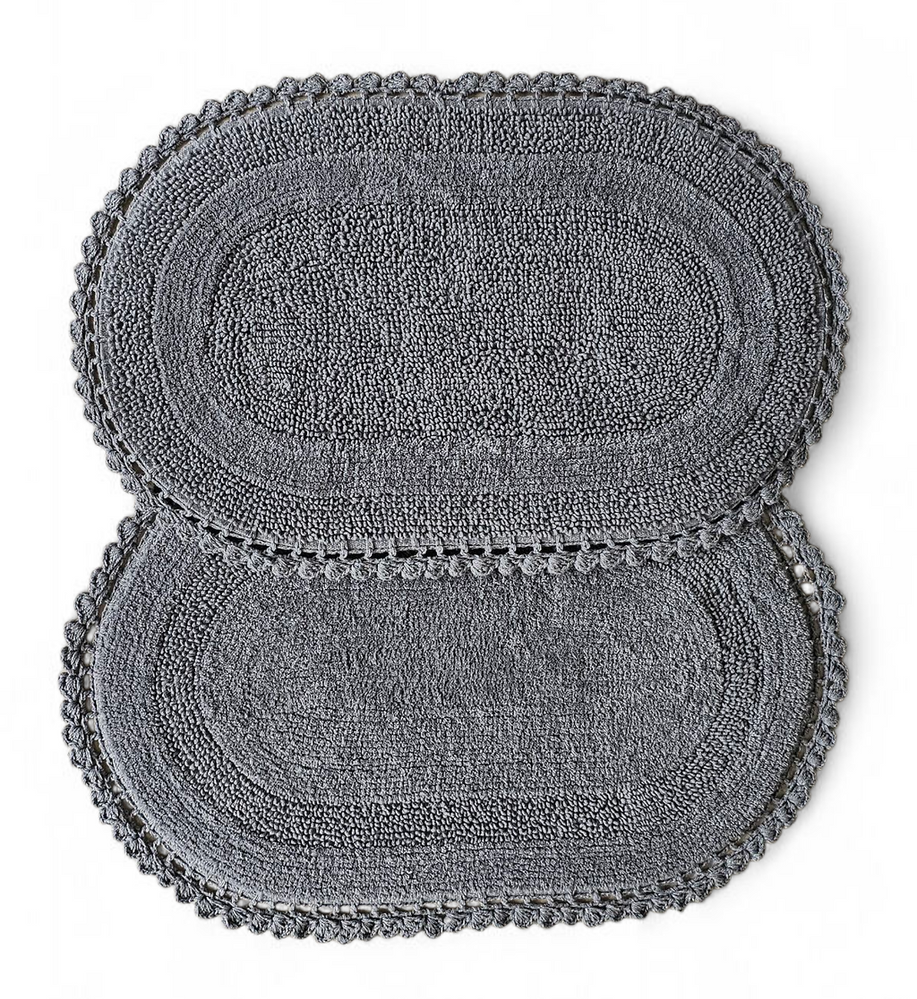 Oval Shape Cotton Crochet Bathmat – Reversible & Soft Flat Weave Mat (Silver, 50x80 cm)