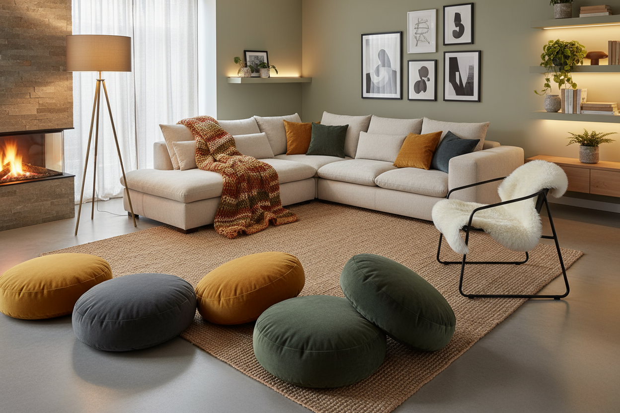 i need a loving room which has a floor cushion and a sofa which has side sofa throw on it and a floor mat and a chair with chair pad