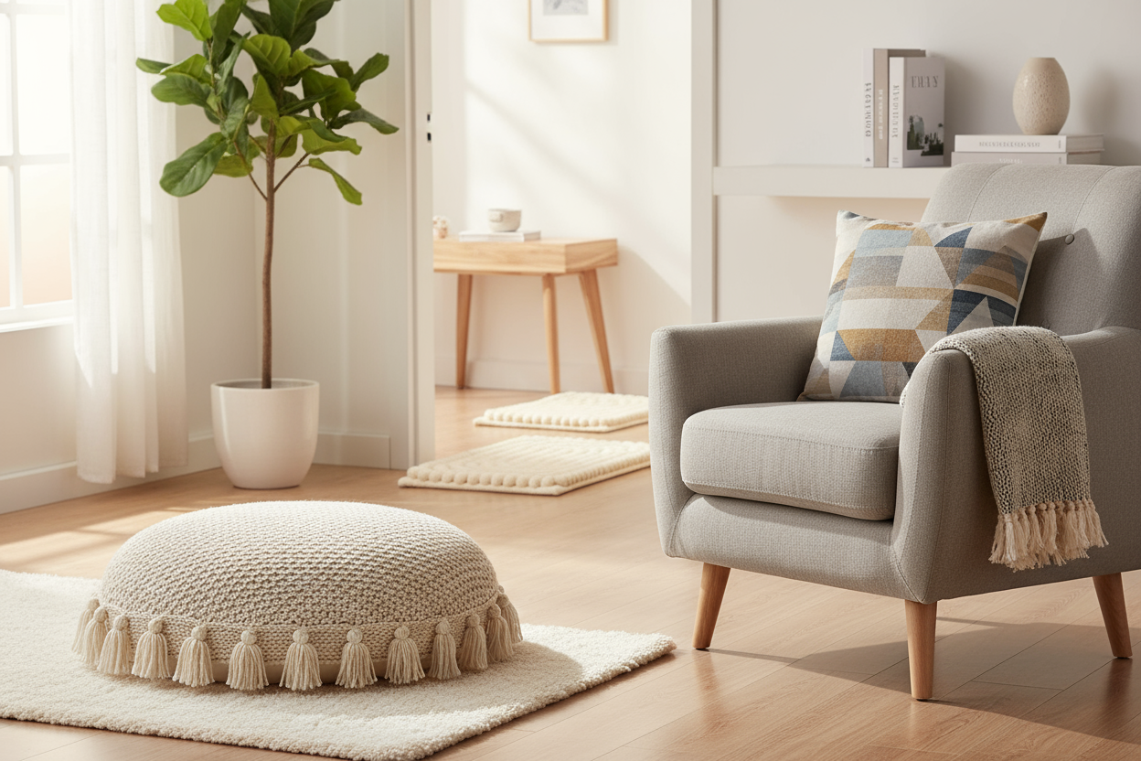 it should contain floor cushion, a chair cushion and a bath mat in a living room