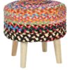 Wooden Stool with Multi Chindi Rug Fabric